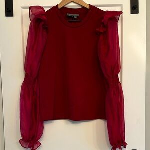 Anthropologie Red Blouse with Sheer Sleeves